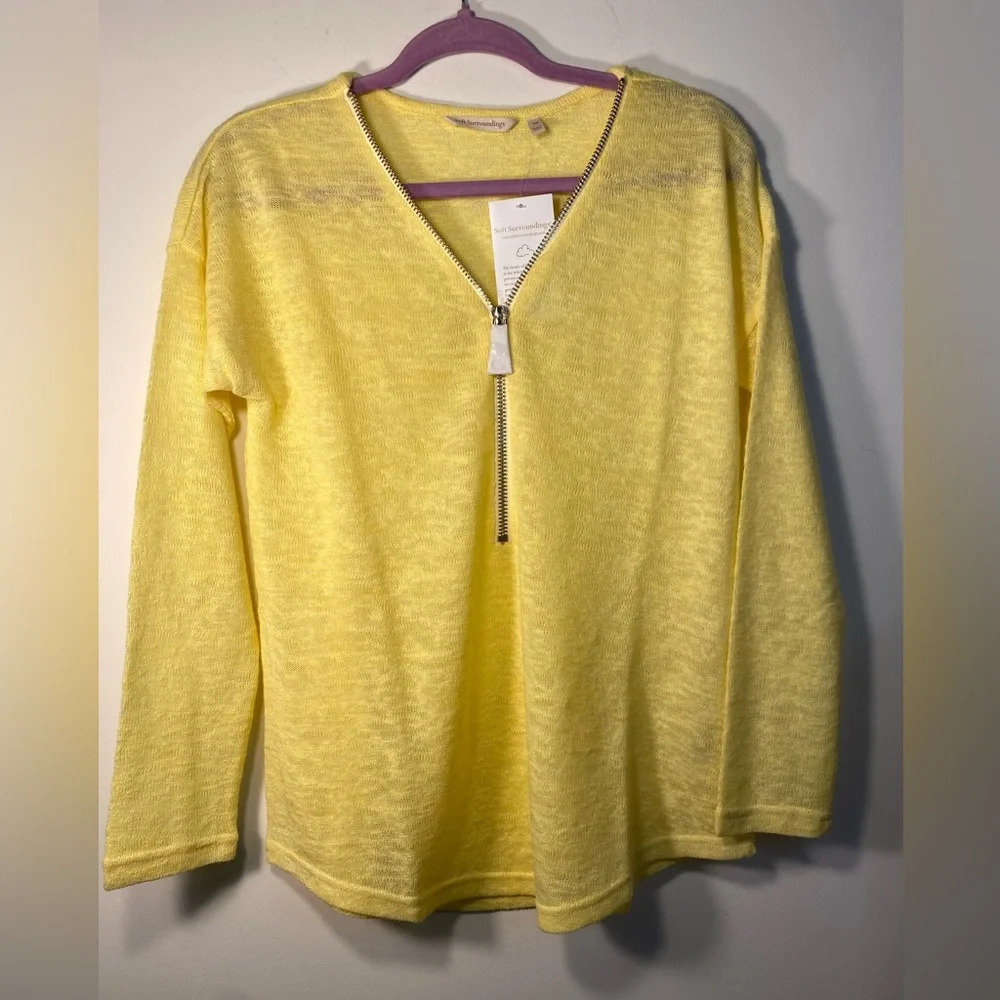 NWT Soft Surroundings|| Sweater Womens Yellow Zip V-Neck Long Sleeve Pu…